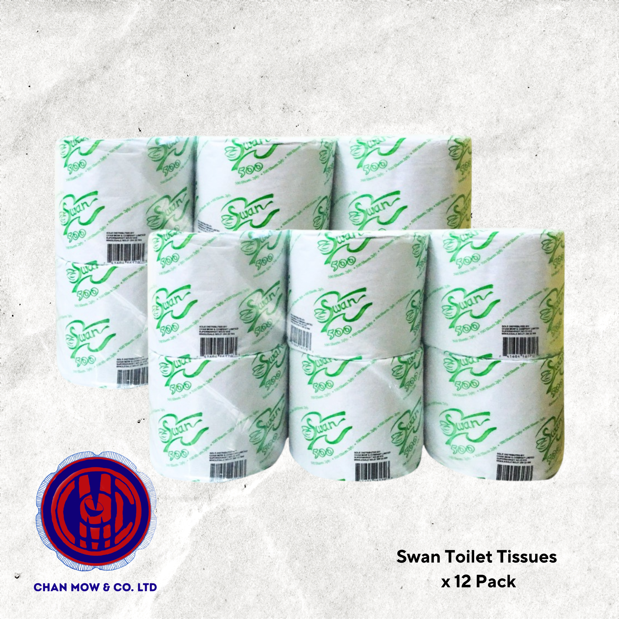 Swan Toilet Tissue Rolls 2-Ply 500-Sheet, 12S Pack