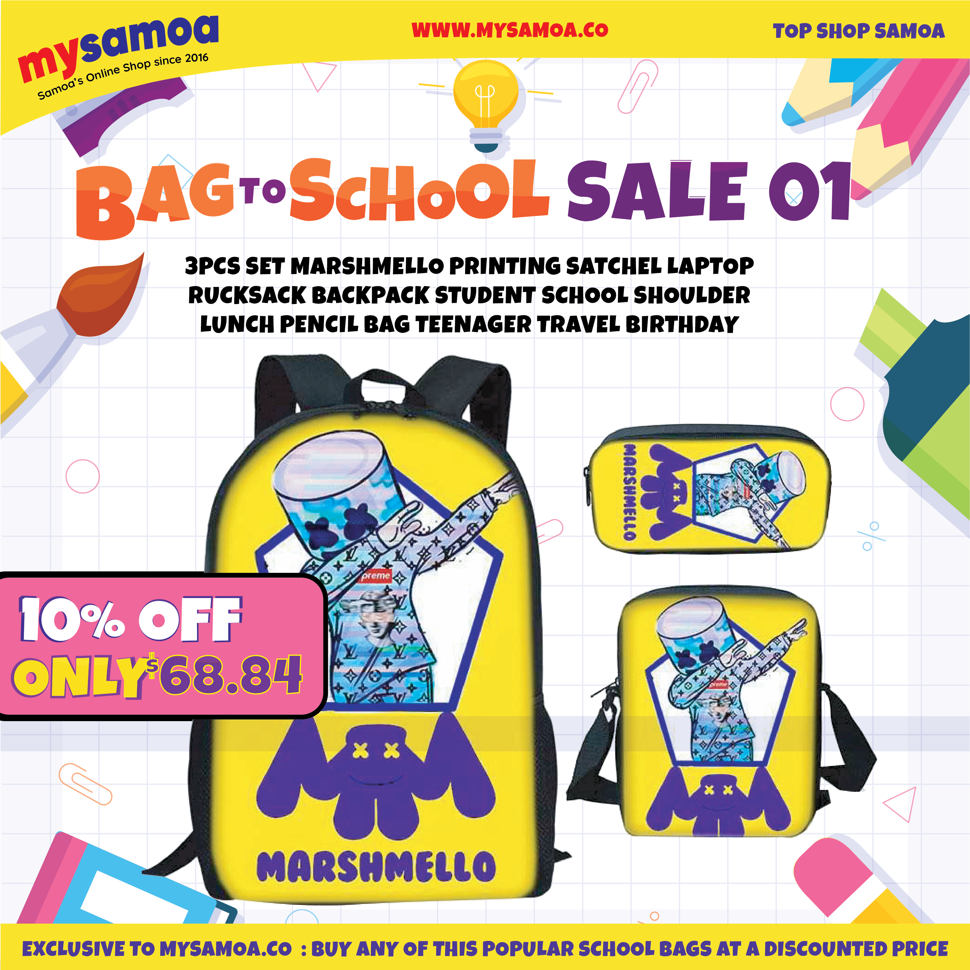Laptop Backpack Marshmello School Bag BAG-TO-SCHOOL 3Pcs
