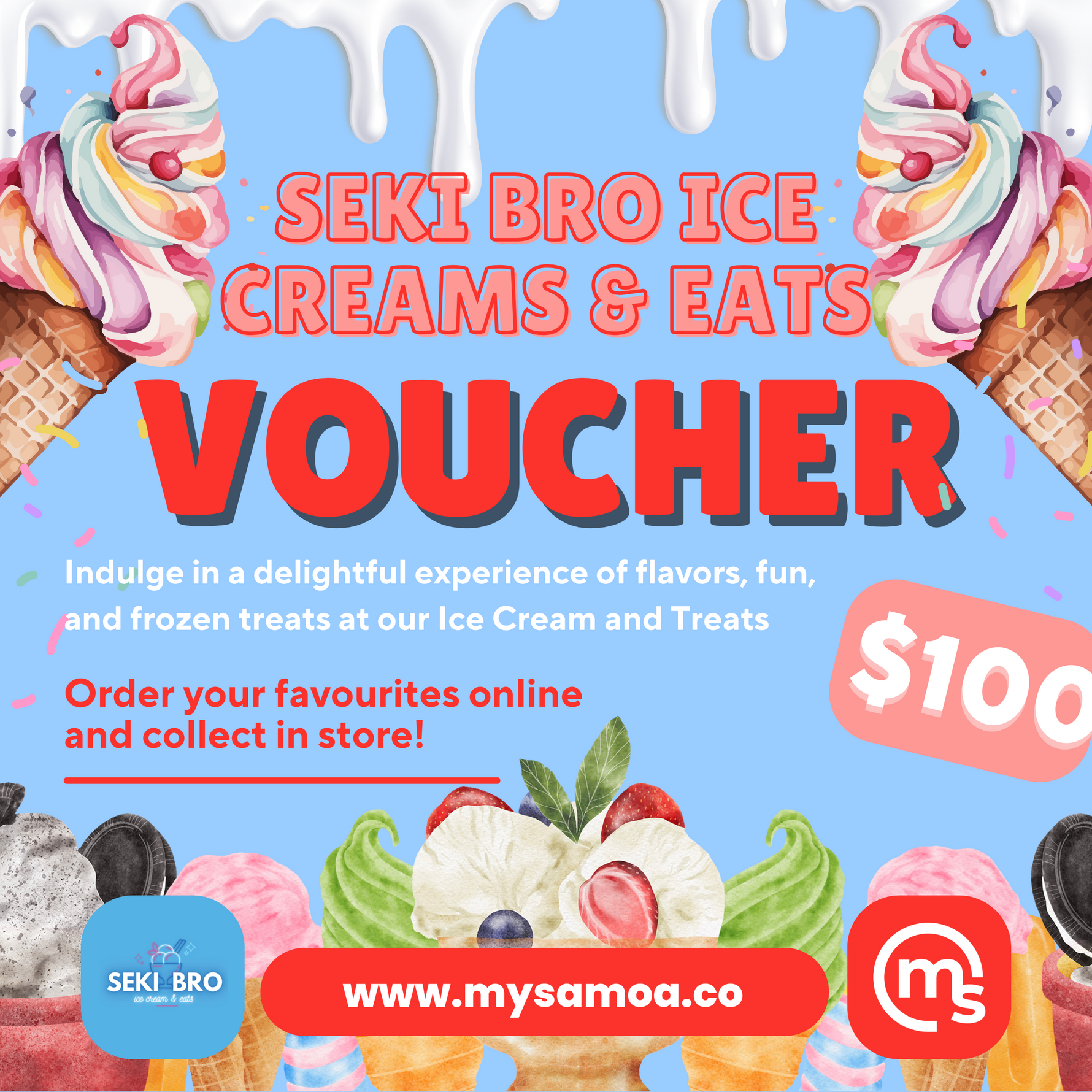 SEKI BRO ice creams & eats Voucher ($100 Tala)
