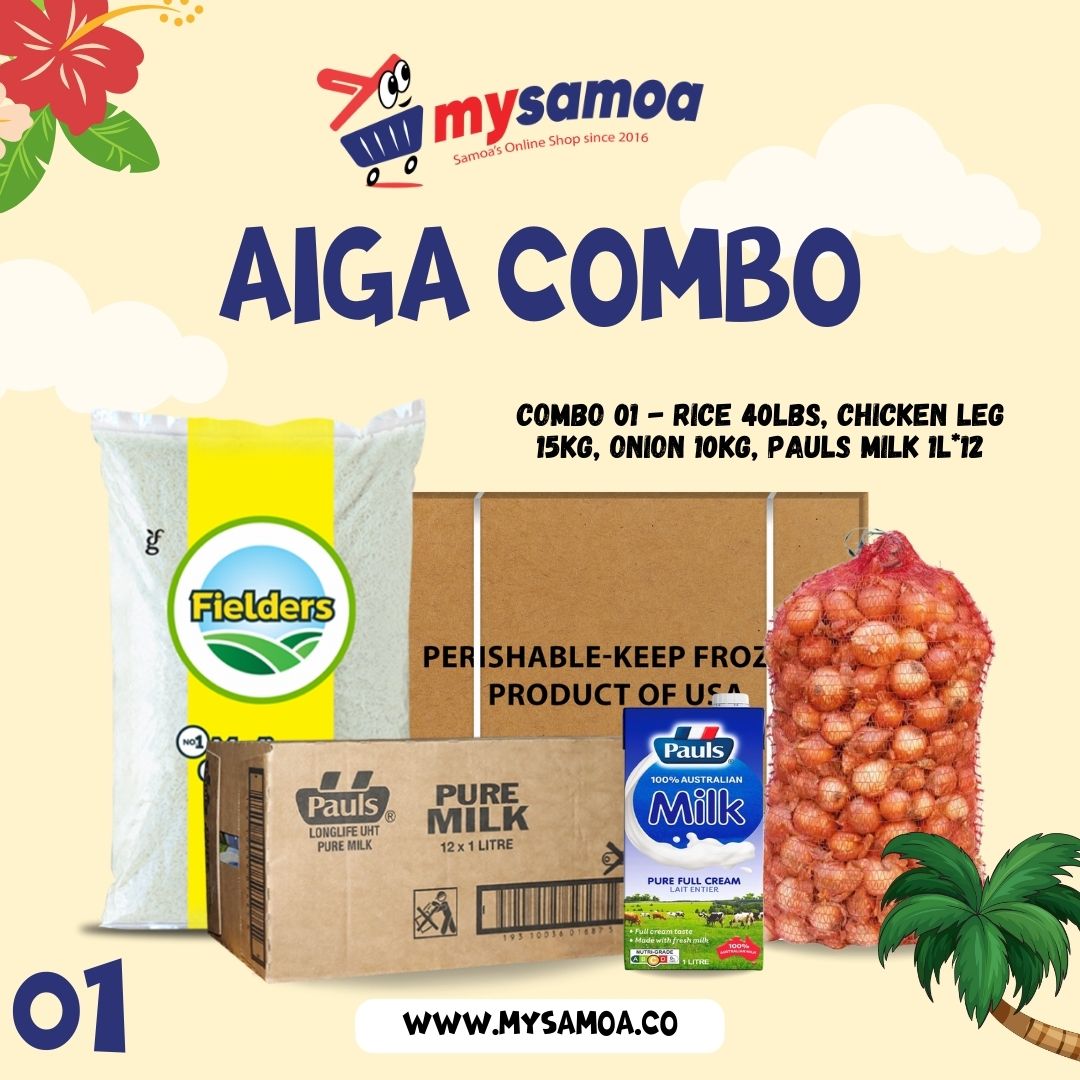 AIGA COMBO 01 - Rice 40lbs + Chicken Leg Quarter 15kg + Onion 10kg + Pauls Pure Milk 1ltr x 12 - 1