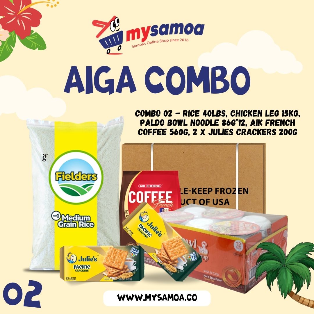 AIGA COMBO 02 - Rice 40lbs + Chicken Leg Quarter 15kg + 2 x Julie's Pacific Cracker 200g + Aik French Roast Coffee 560g + Paldo Bowl Noodle 86g x 12 - 1