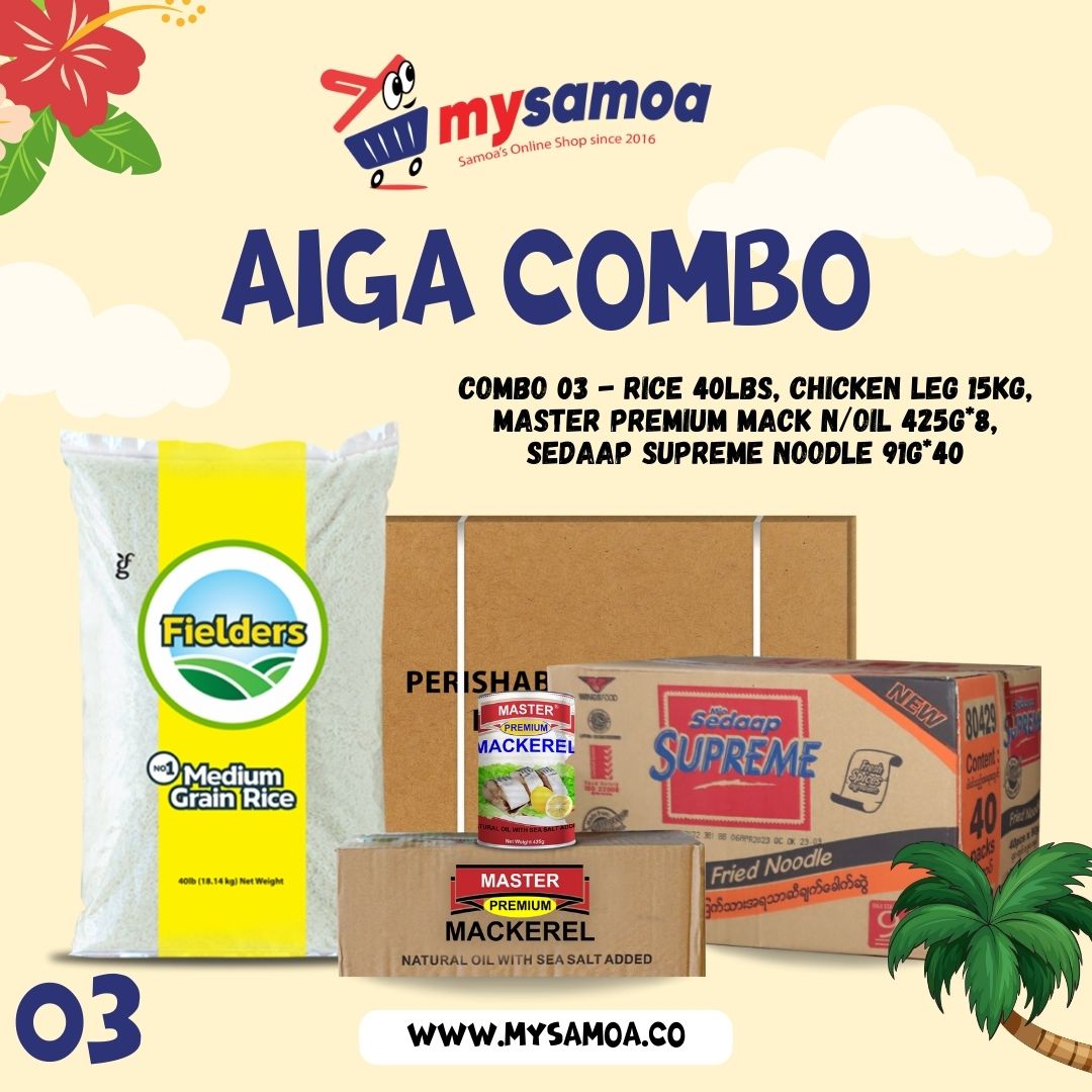 AIGA COMBO 03 - Rice 40lbs + Chicken Leg Quarter 15kg + Sedaap Supreme Noodle 91g x 40 + Master Premium Mackerel N/Oil 425g x 8 - 1