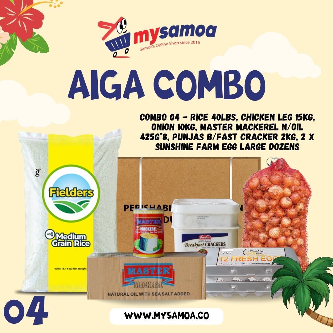 AIGA COMBO 04 - Rice 40lbs + Chicken Leg Quarter 15kg + Master Mackerel N/Oil 425g x 8 + Onion 10kg + Punjas Breakfast Cracker 2kg + 2 x Sunshine Farm Egg Large Dozens - 1