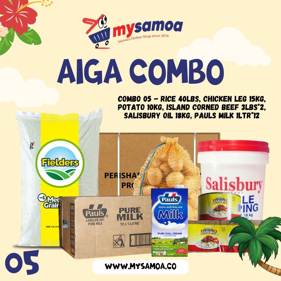 AIGA COMBO 05 - Rice 40lbs + Chicken Leg Quarter 15kg + Potato 10kg + Island Corned Beef 3lbs x 2 + Salisbury Dripping Oil 18kg + Pauls Pure Milk 1ltr x 12 - 1