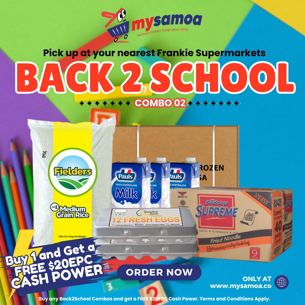 Back To School Combo 02 - 1 x Rice 40lbs | 1 x Chicken Leg Quarter 15kg | 2 x Sunshine Egg Large Dozens | 1 x Sedaap Supreme Noodle 91gx40 | 1 x Pauls Pure MIlk 1ltrx12 - Get a Free $20EPC Cash Power - 1