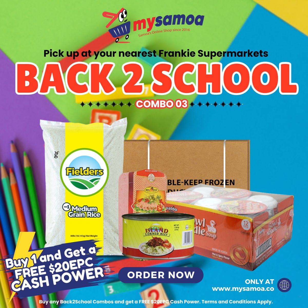 Back 2 School Combo 03 - 1 x Rice 40lbs | 1 x Chicken Leg Quarter 15kg | 1 x Island Corned Beef 3lbs | 1 x Paldo Bowl Noodle 86g x 12 | 1 x Belmont Chopped Ham 5lbs - Get a Free $20EPC Cash Power - 1