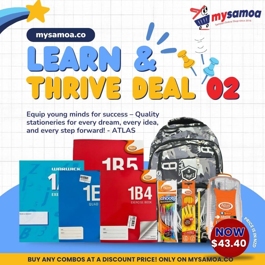 LEARN & THRIVE DEAL 02 - 1B4 EXERCISE BOOK X 4PCS | SCHOOL BAG $18 | 1B5 EXERCISE BOOK X 4PCS | 1A5 EXERCISE BOOK X 1PCS | 1E5 QUAD BOOK X 1PCS | ATLAS MATHEMATICAL BOX ARROW1 | ATLAS CHOOTY GEL PEN MC 5PKT | ATLAS IMP PENCIL 12PC - 1