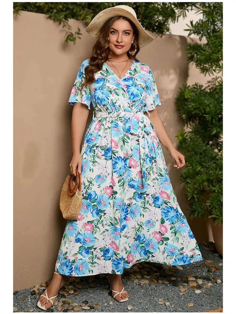 Plus Size Vacation Allover Leaf Flower Print Surplice High Waisted Belted A Line Maxi Dress - Light Blue - Light Blue