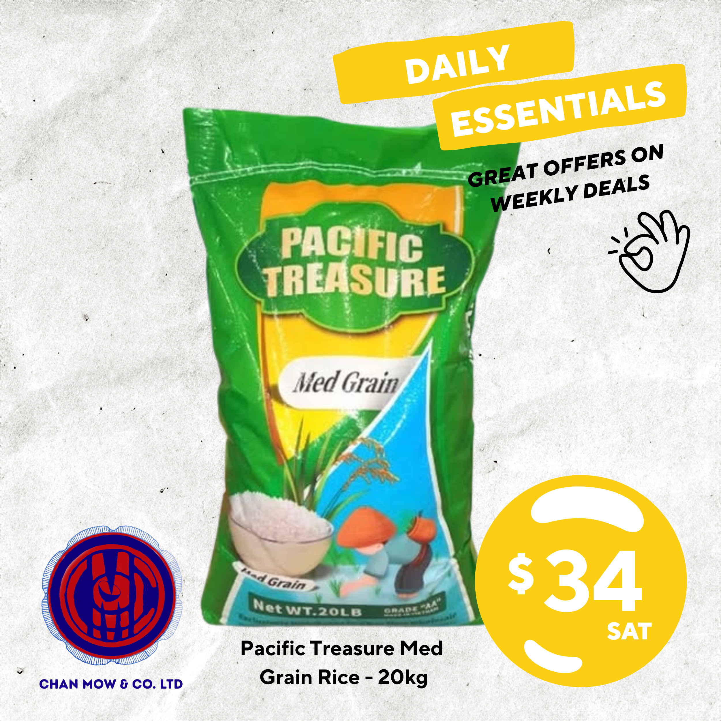 Pacific Treasure Medium Grain Rice 20Lb Bag
