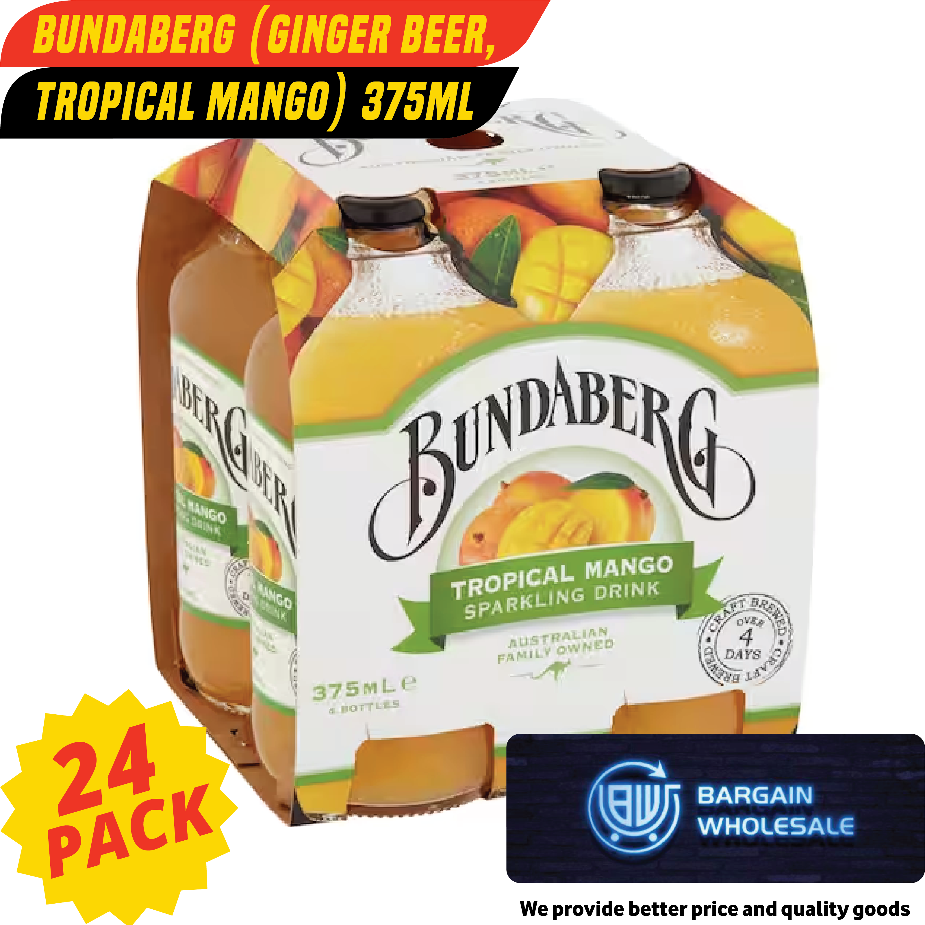 Bundaberg (ginger beer, tropical mango) 375ml x 24 Pack [ONLY AT TAUFUSI] "PICKUP FROM BARGAIN WHOLESALE"