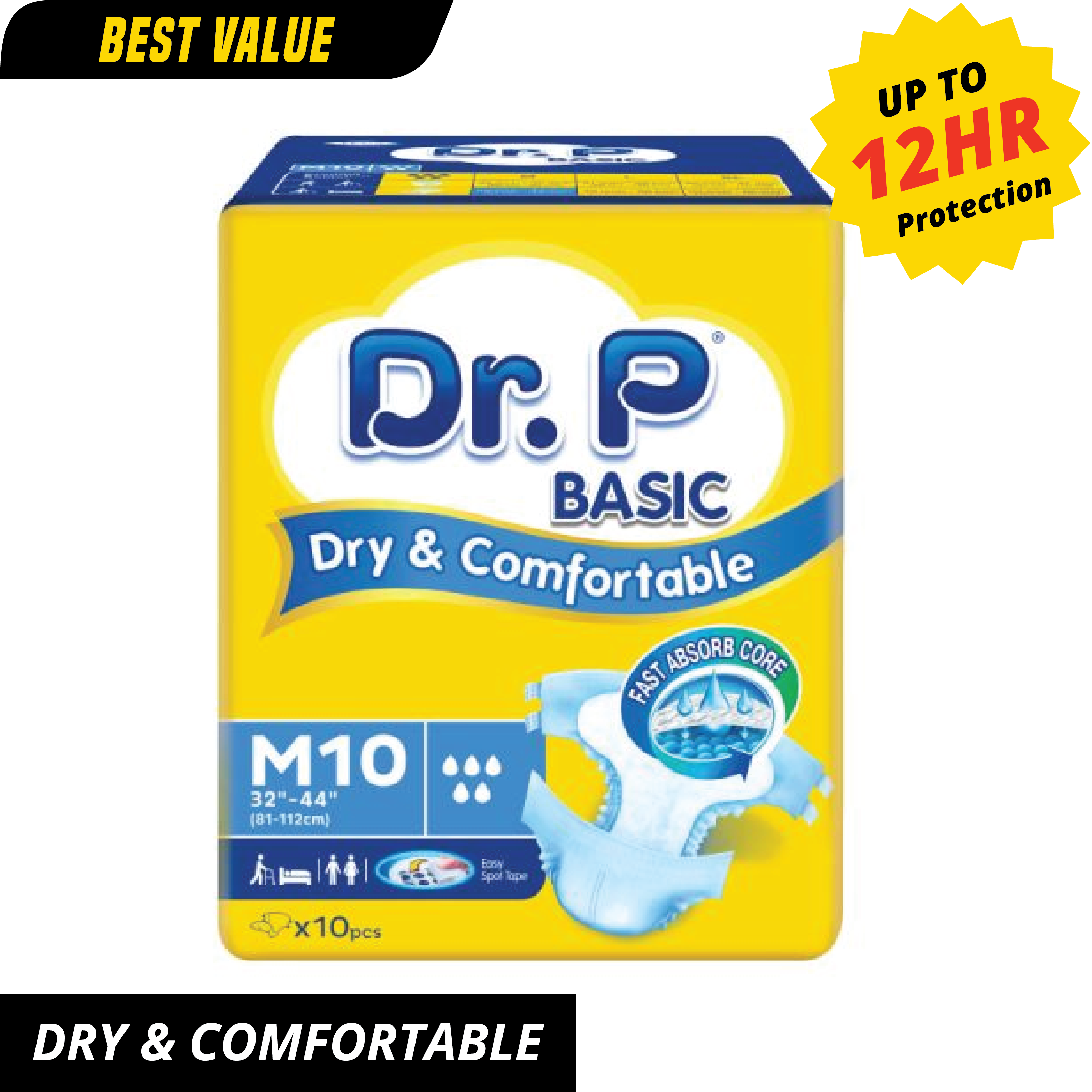 Dr.P Basic Adult Diaper Medium - 10 Pack [ONLY AT TAUFUSI] "PICKUP FROM BARGAIN WHOLESALE"