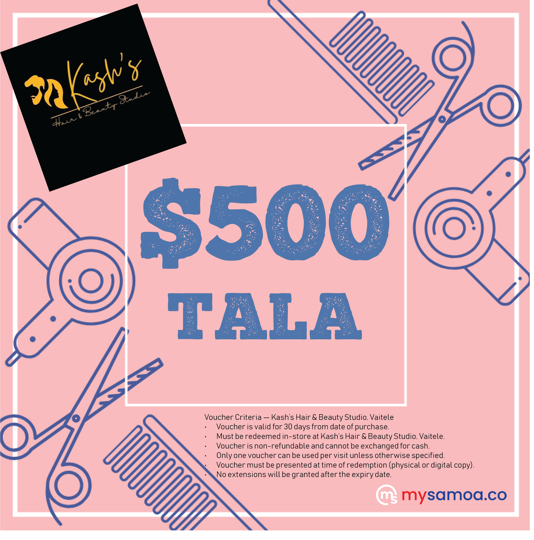 Kash’s Hair & Beauty Studio ($500 Tala) Voucher - Redeem at Vaitele, Apia