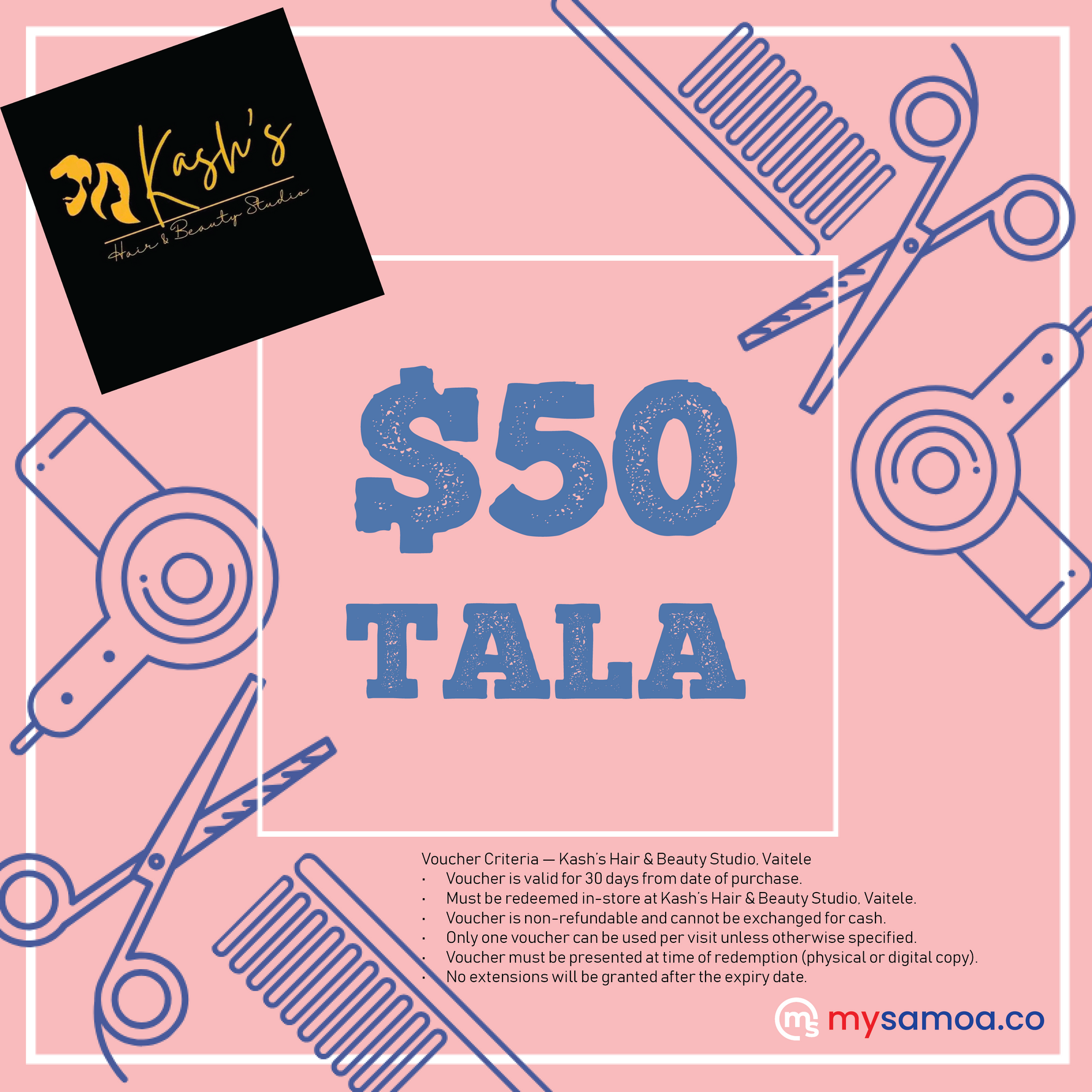 Kash’s Hair & Beauty Studio ($50 Tala) Voucher - Redeem at Vaitele, Apia