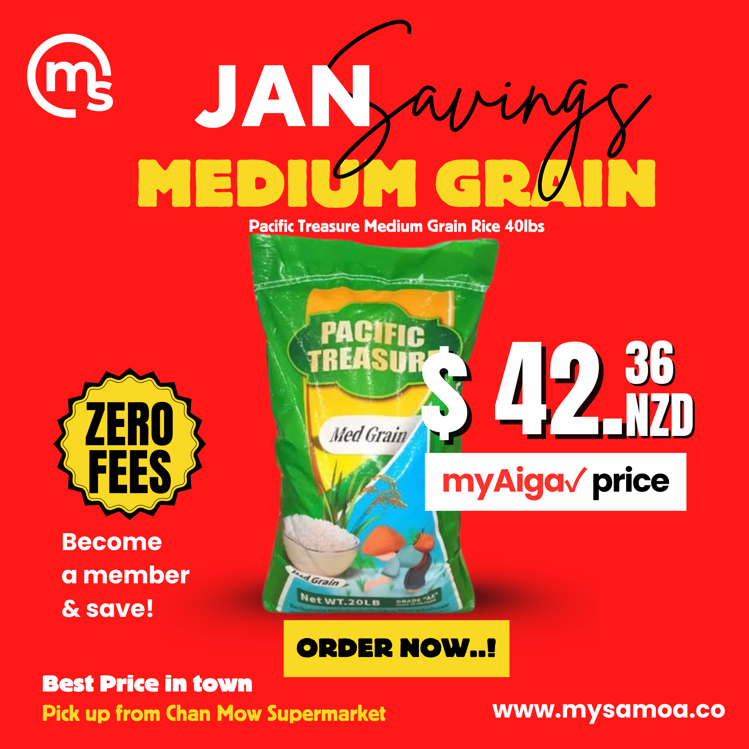 Pacific Treasure Medium Grain Rice 40Lb Bag