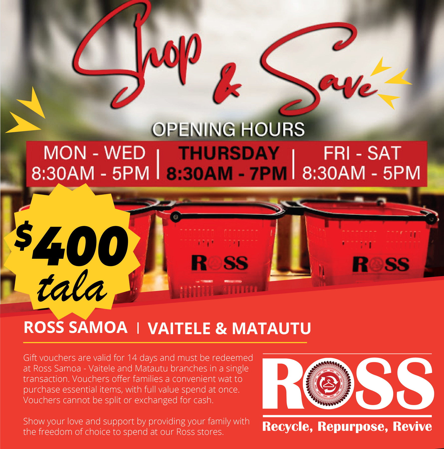Ross Samoa ($400 Tala) Voucher - Redeem at Vaitele & Matautu