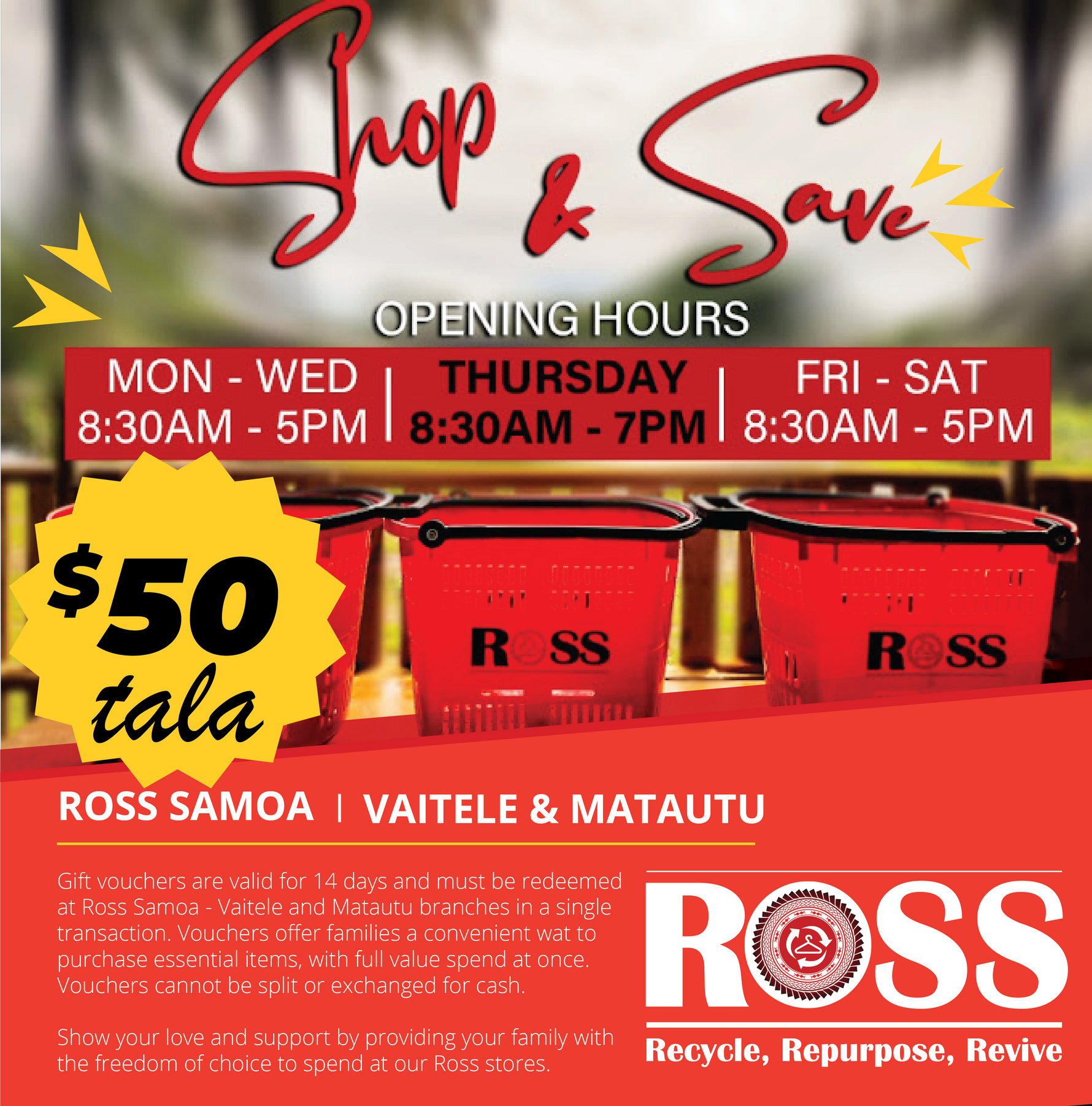 Ross Samoa ($50 Tala) Voucher - Redeem at Vaitele & Matautu