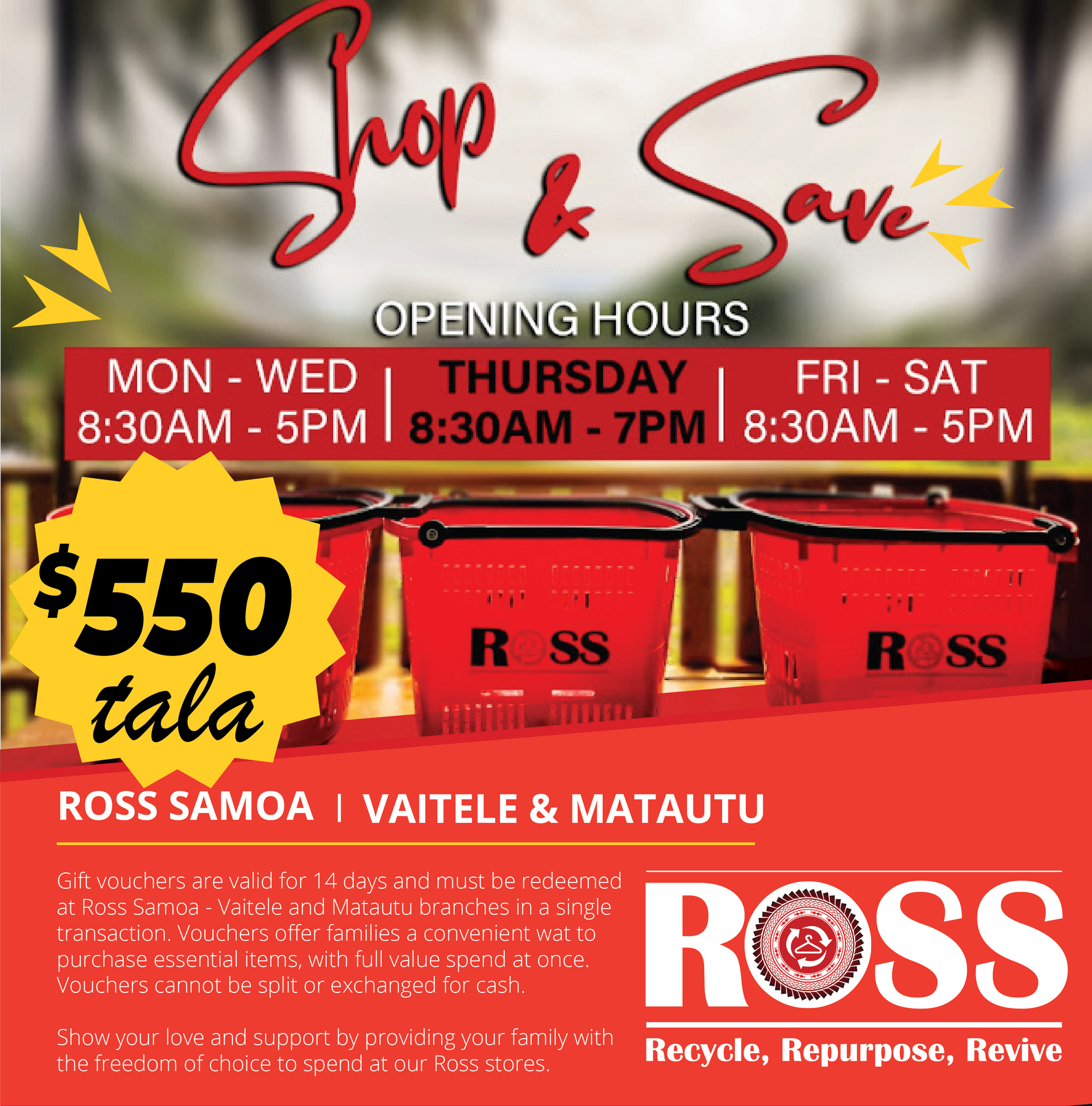 Ross Samoa ($550 Tala) Voucher - Redeem at Vaitele & Matautu