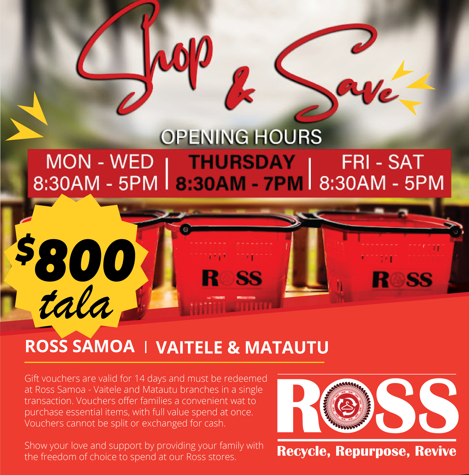Ross Samoa ($800 Tala) Voucher - Redeem at Vaitele & Matautu