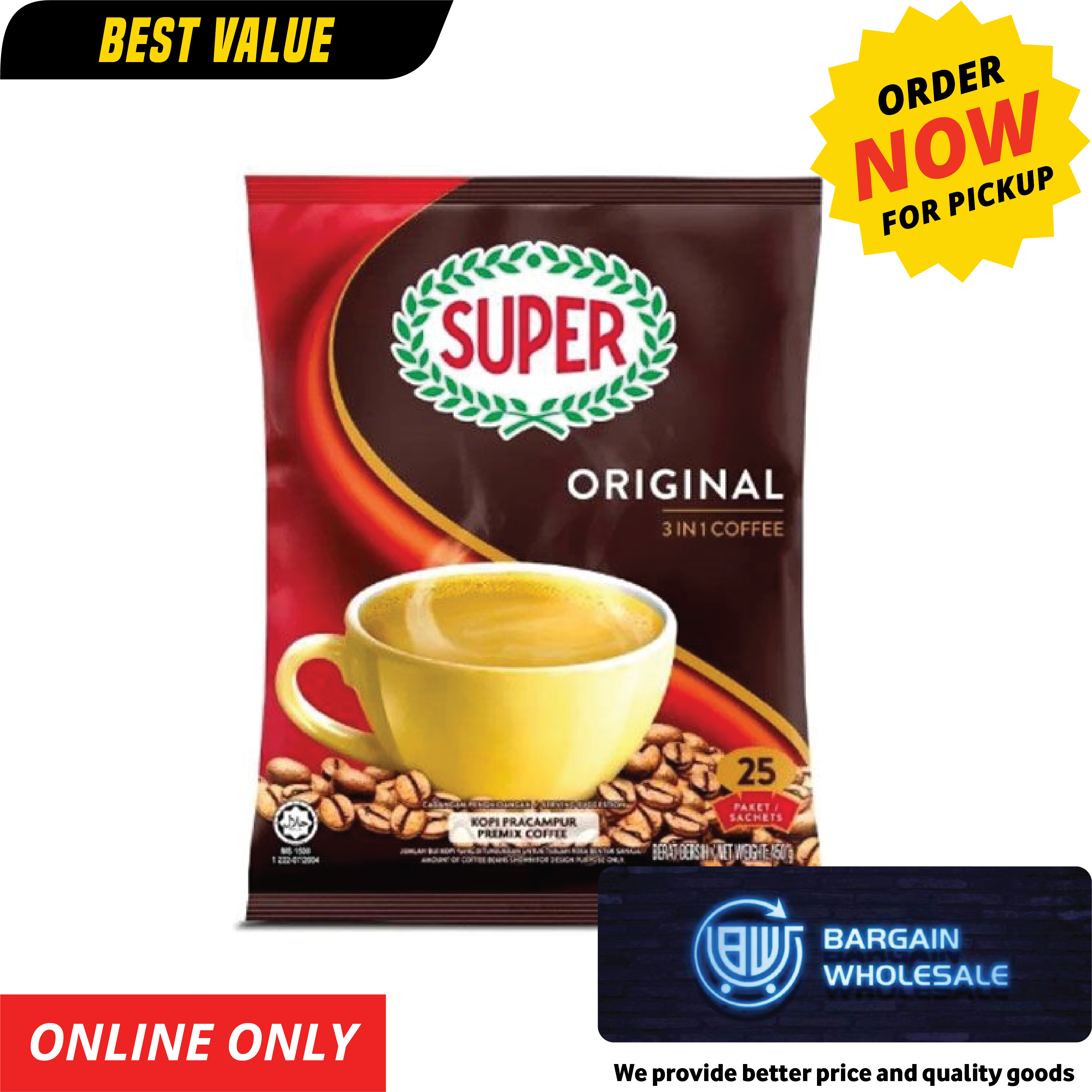 Coffee/Super/Original 3 in 1 Coffee 450g - 25 Sachets [ONLY AT TAUFUSI] "PICKUP FROM BARGAIN WHOLESALE"