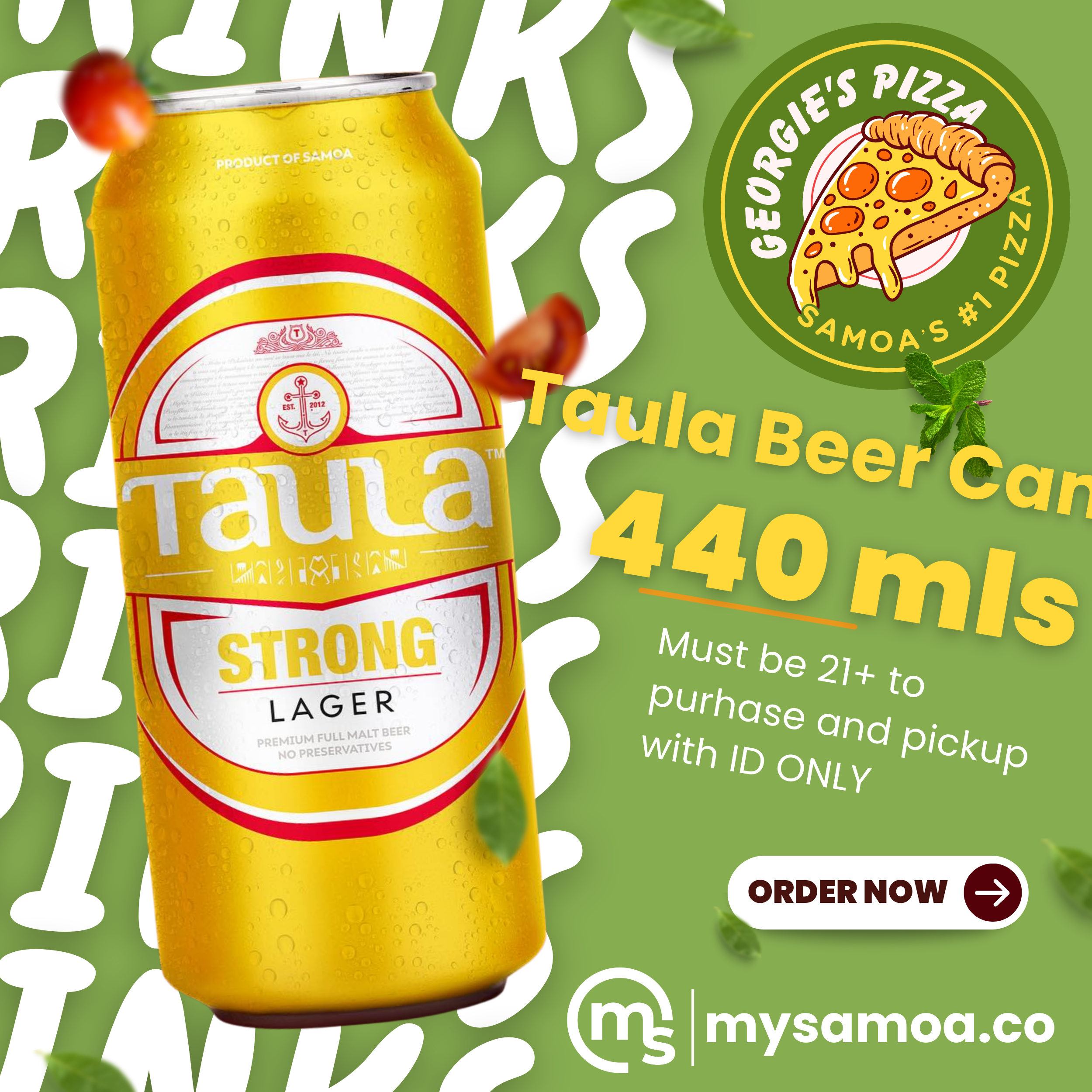 Taula Beer Can 440mls - Pickup from Georgie's Pizza Taufusi