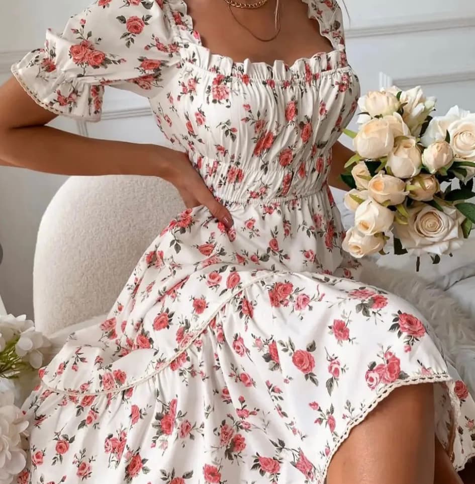 Elegant Square Collar Floral Print Ruffle Dresses XL