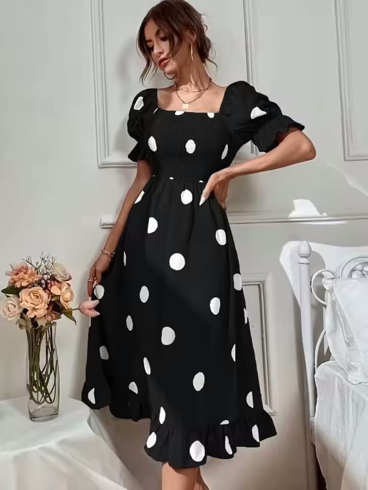 Sexy Off Shoulder Polka Dots Midi Dress Women 2023 Summer Casual High Elasticity Elegant Office Laides Dresses For Women ( S,M,L,XL)