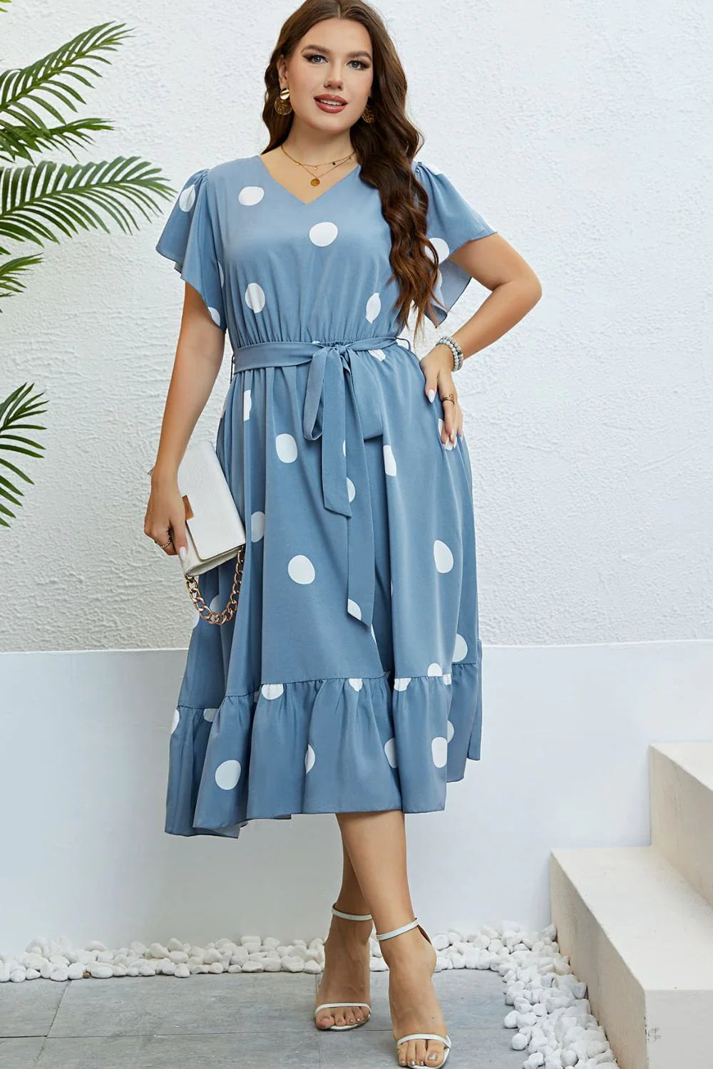 Polka Dot Belted Flutter Sleeve Ruffle Hem Dress (3XL, 4XL)