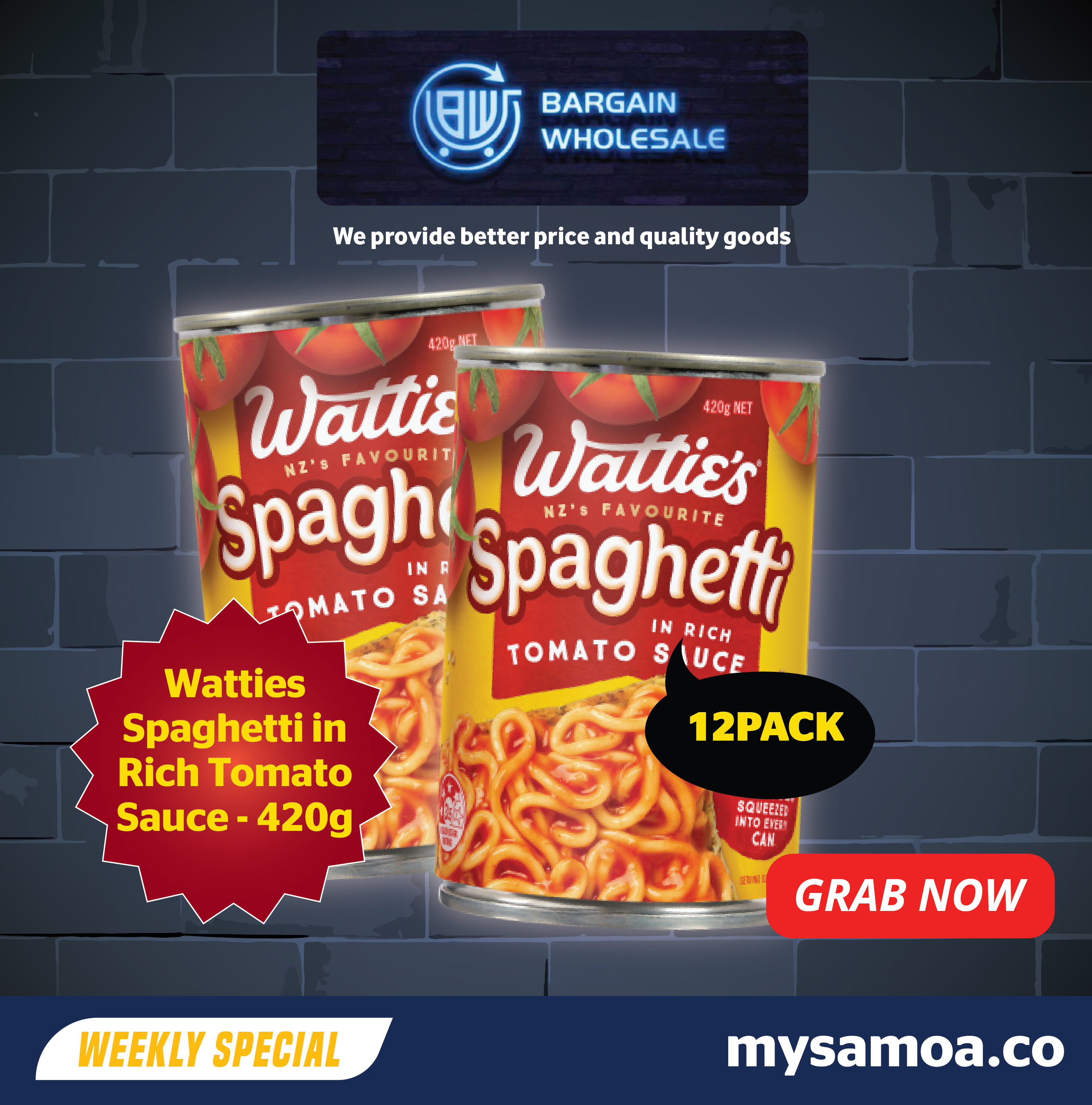 Watties Spaghetti in Rich Tomato Sauce- 420g x 12 Pack [ONLY AT TAUFUSI] "PICKUP FROM BARGAIN WHOLESALE"