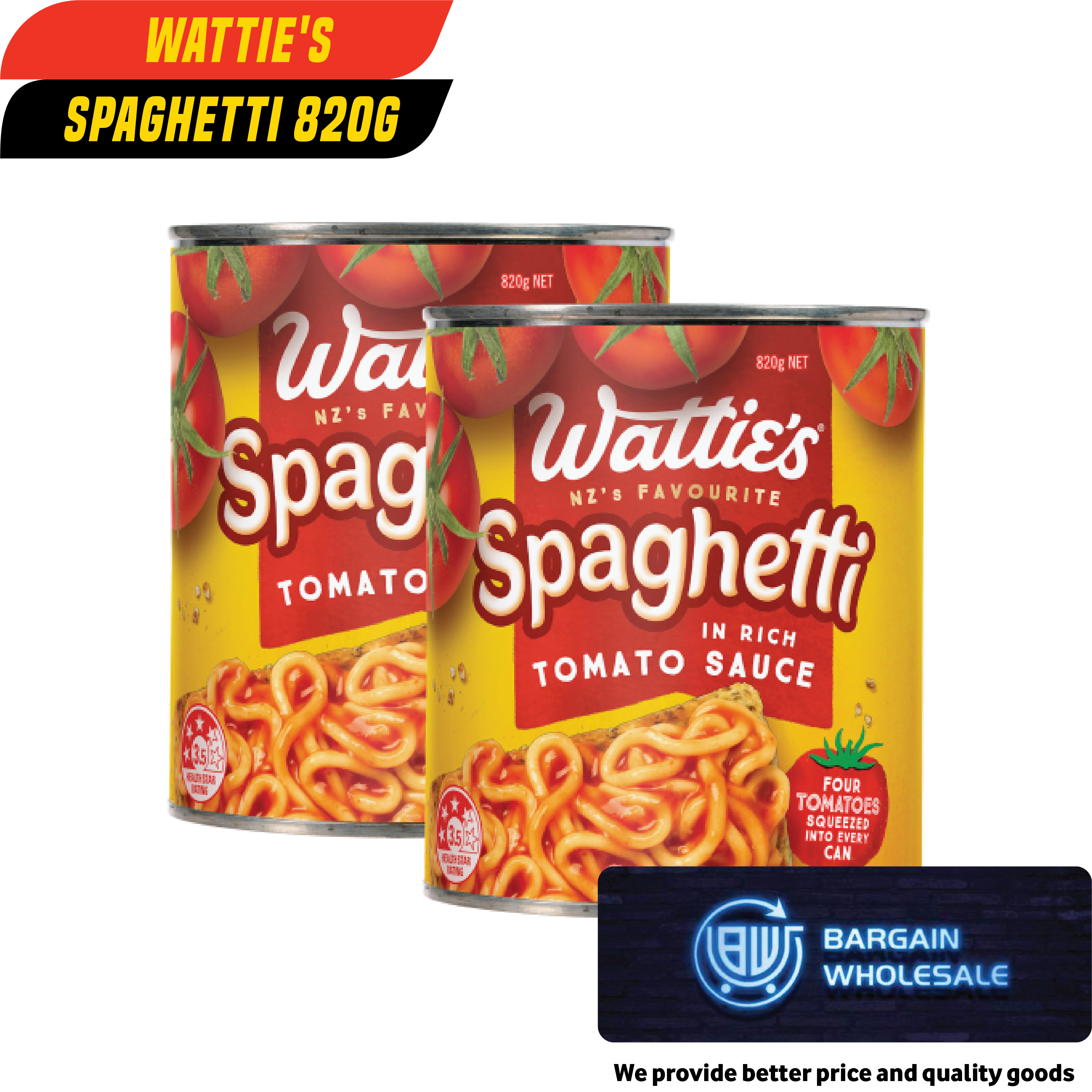 Wattie's Spaghetti In Rich Tomato Sauce - 820g x 12 Pack [ONLY AT TAUFUSI] "PICKUP FROM BARGAIN WHOLESALE"